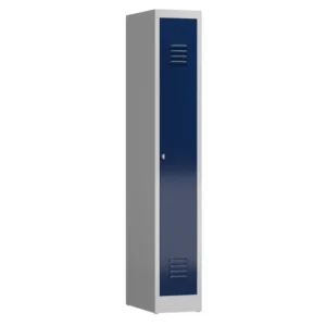 Kleiderspind-mit-Belueftung-1-Abteil-in-der-Farbe-Korpus-RAL-7035-Lichtgrau-Tuer-RAL-5010-Enzianblau