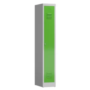 Kleiderspind-mit-Belueftung-1-Abteil-in-der-Farbe-Korpus-RAL-7035-Lichtgrau-Tuer-RAL-6018-Gelbgruen