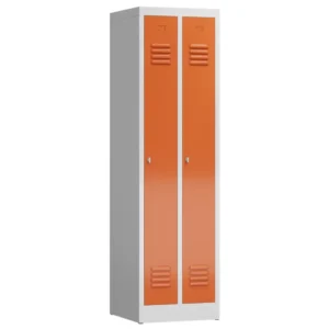 Kleiderspind-mit-Belueftung-2-Abteilen-in-der-Farbe-Korpus-RAL-7035-Lichtgrau-Tueren-RAL-3000-Feuerrot