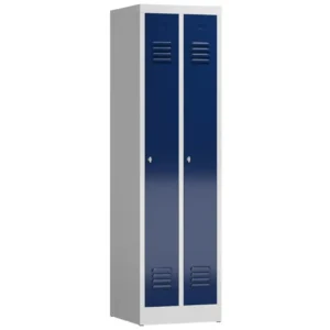 Kleiderspind-mit-Belueftung-2-Abteilen-in-der-Farbe-Korpus-RAL-7035-Lichtgrau-Tueren-RAL-5010-Enzianblau