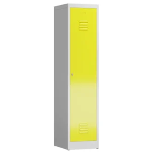 Kleiderspind-mit-Schwarz-Weiss-Trennung-–-1-Abteil-abschliessbar-in-der-Farbe-Korpus-RAL-7035-Lichtgrau-Tueren-RAL-1018-Zinkgelb