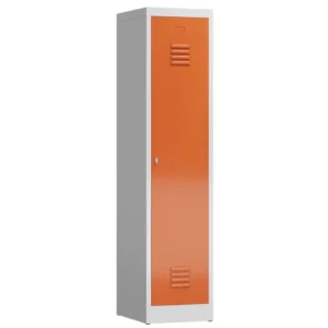 Kleiderspind-mit-Schwarz-Weiss-Trennung-–-1-Abteil-abschliessbar-in-der-Farbe-Korpus-RAL-7035-Lichtgrau-Tueren-RAL-3000-Feuerrot
