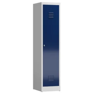 Kleiderspind-mit-Schwarz-Weiss-Trennung-–-1-Abteil-abschliessbar-in-der-Farbe-Korpus-RAL-7035-Lichtgrau-Tueren-RAL-5010-Enzianblau