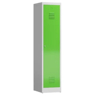 Kleiderspind-mit-Schwarz-Weiss-Trennung-–-1-Abteil-abschliessbar-in-der-Farbe-Korpus-RAL-7035-Lichtgrau-Tueren-RAL-6018-Gelbgruen