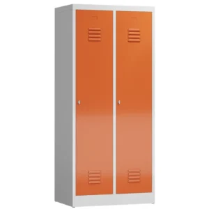 Kleiderspind-mit-Schwarz-Weiss-Trennung-–-2-Abteile-abschliessbar-in-der-Farbe-Korpus-RAL-7035-Lichtgrau-Tueren-RAL-3000-Feuerrot