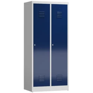 Kleiderspind-mit-Schwarz-Weiss-Trennung-–-2-Abteile-abschliessbar-in-der-Farbe-Korpus-RAL-7035-Lichtgrau-Tueren-RAL-5010-Enzianblau