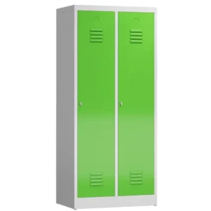 Kleiderspind-mit-Schwarz-Weiss-Trennung-–-2-Abteile-abschliessbar-in-der-Farbe-Korpus-RAL-7035-Lichtgrau-Tueren-RAL-6018-Gelbgruen