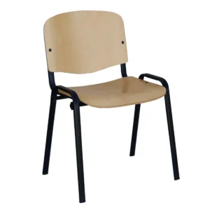 Das Bild zeigt einen weiteren funktionalen Stuhl mit einem ähnlichen Design wie der vorherige. Die Sitzfläche und die Rückenlehne bestehen aus einem hellen, glatt bearbeiteten Holzmaterial, das eine natürliche Holzoptik aufweist. Der Stuhl hat ebenfalls einen stabilen schwarzen Metallrahmen, der die Holzplatten trägt. Die Schrauben sind sichtbar und sorgen für einen industriellen, aber schlichten Look.