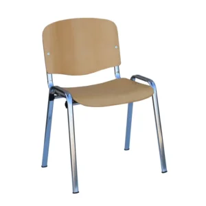 Stapelstuhl mit verchromtem Stahlrohrgestell und ergonomischer Buche-Sitzfläche